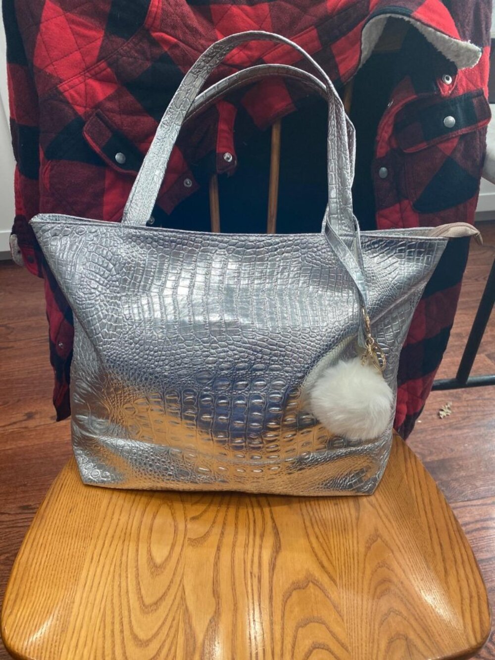 Neiman Marcus Silver Faux Leather Crocodile Hobo Top Handle Bag